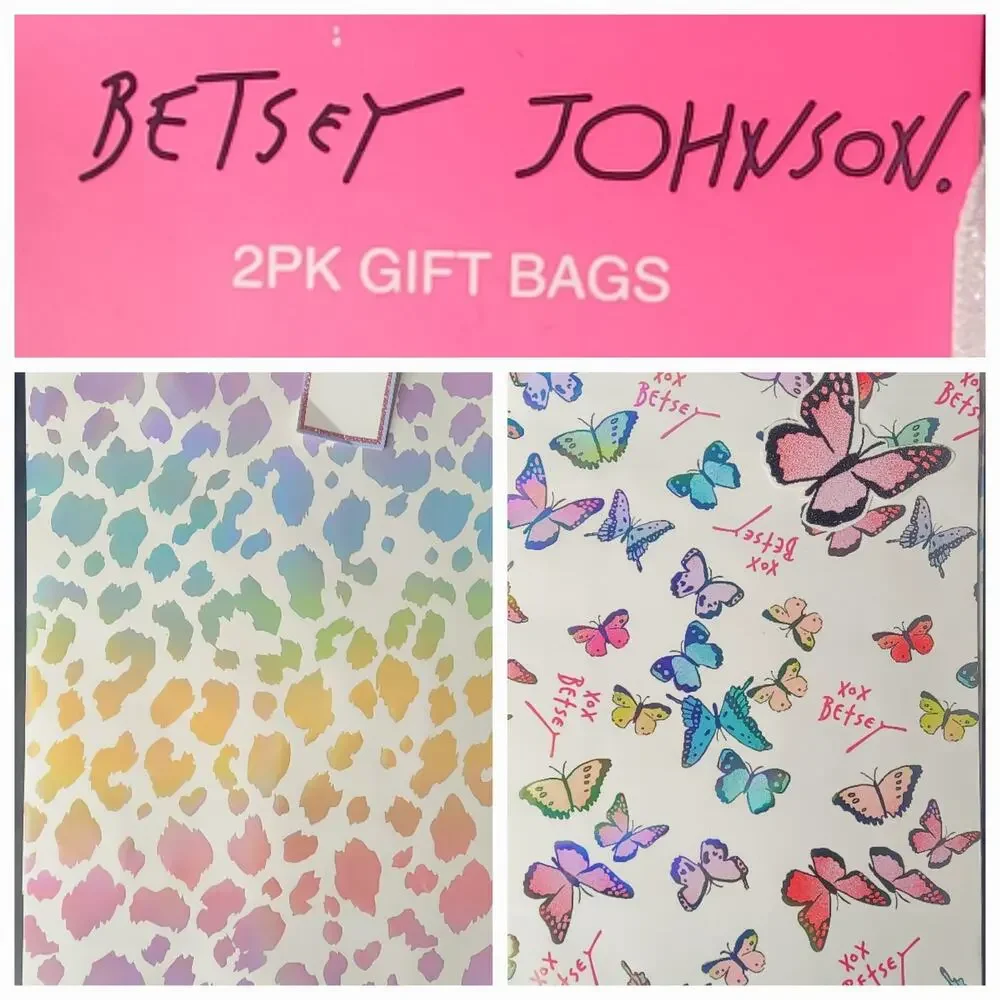 Betsey Johnson 2 Pk Gift Bags Pastel Rainbow‎ Leopard Print Butterflies XOXO NWT